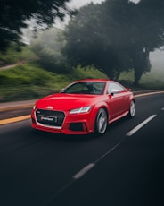 red Audi coupe on road near trees at daytime