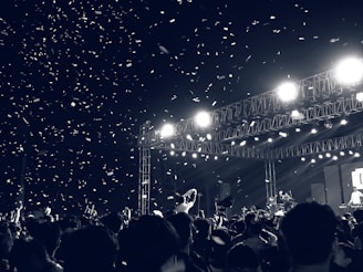 A large crowd is gathered at an outdoor concert during nighttime, with many people raising their hands and recording the event. Bright stage lights illuminate the scene, and there is confetti falling through the air.
