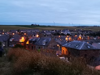 A quaint village scene during twilight, featuring stone houses with warm glowing windows and street lamps. The village is nestled in a vast, lush landscape with wind turbines dotting the horizon. Grassy fields are in the foreground with a person and a dog walking.