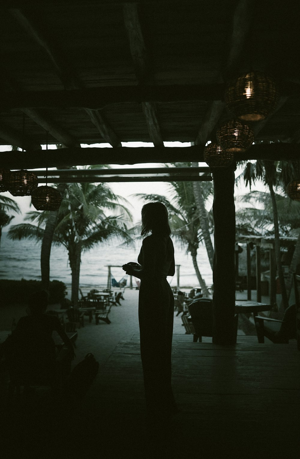 silhouette of woman standing beside beach