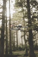 A surveillance drone hovering silently over a dense forest during twilight.