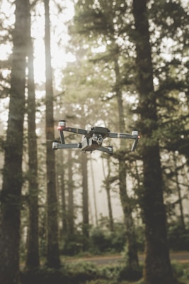 A drone is hovering in front of a dense forest with tall trees and ambient sunlight filtering through the branches. The background is slightly foggy, creating a serene and mysterious atmosphere.