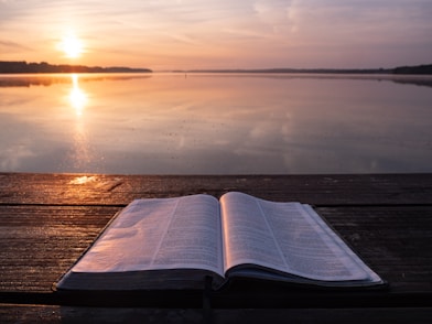 book on top of table and body of water