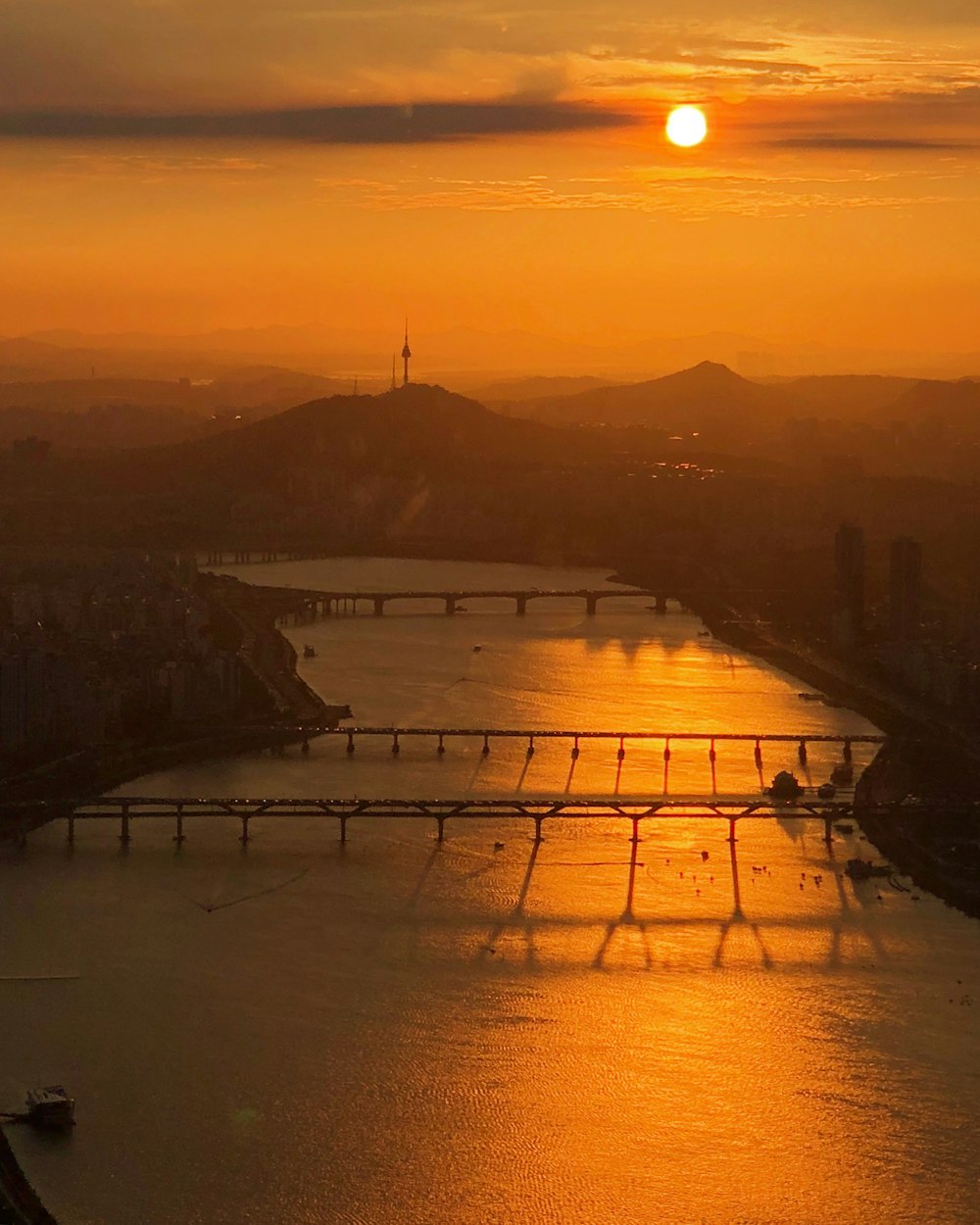 aerial view of bridges during sunset