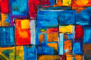 A vibrant abstract painting featuring a series of rectangular shapes in bold colors. The composition predominantly uses shades of blue, with contrasting elements in red, orange, and yellow. Thick, textured brushstrokes create a dynamic and energetic feel across the canvas.