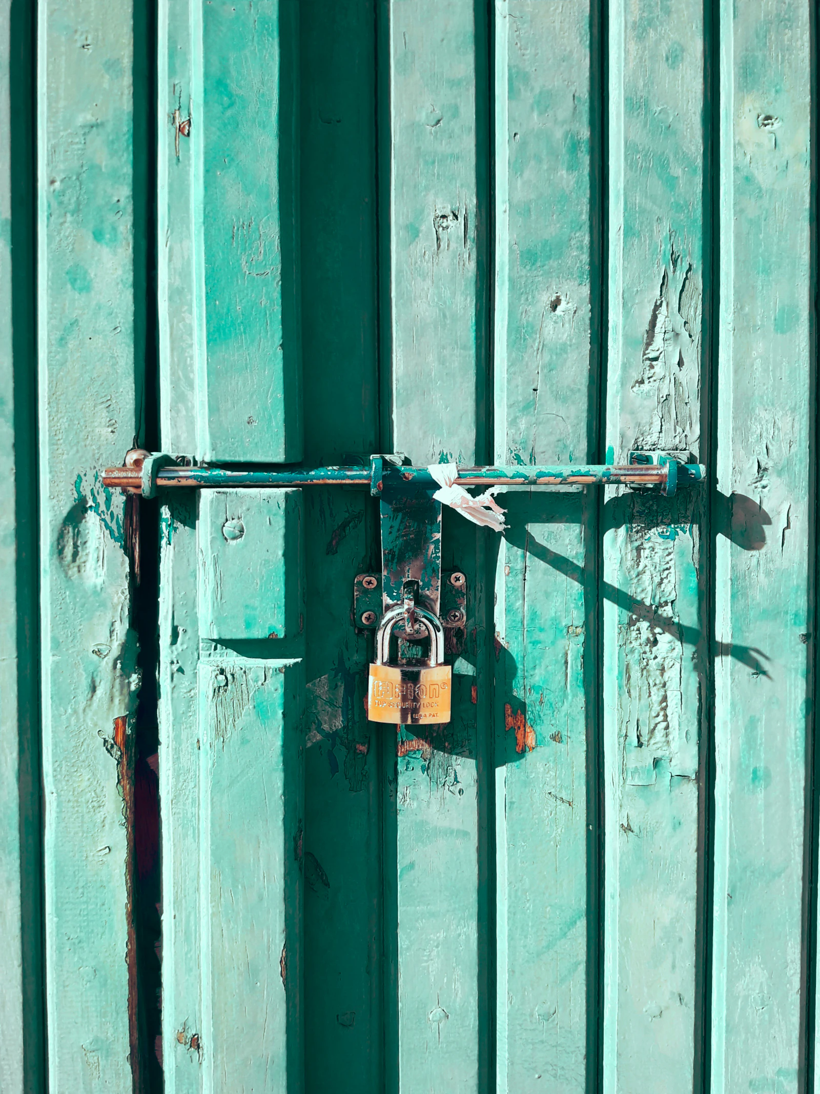 Brown padlock on metal hinge