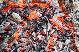 Burning pieces of wood and charcoal with bright orange embers and ashes.