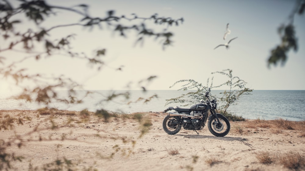 motocicleta padrão preta e cinza no litoral