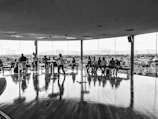 An elegant meeting room with a view of the city skyline.