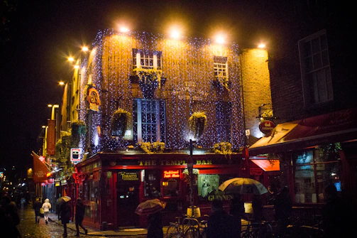 A group of friends exploring the vibrant Temple Bar district during a lively evening.