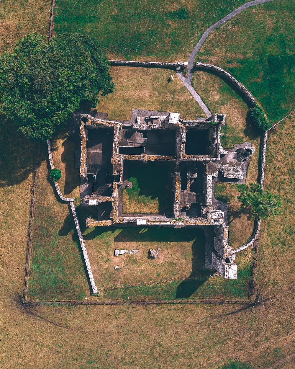 Photographie de vue aérienne d’un château en béton à côté d’un arbre