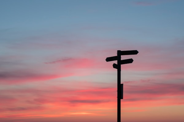 Silhouette of a signpost pointing in many directions, with the sky in sunset colours in the background
