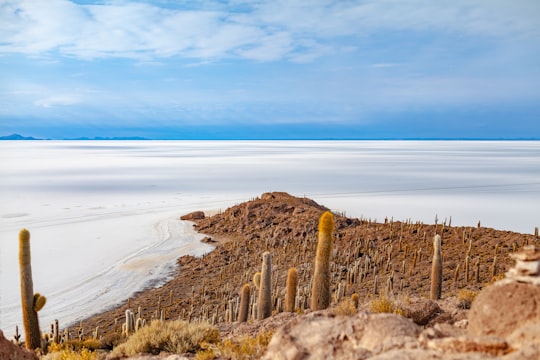 landmark photography of sand and mountain in Uyuni Salt Flat Bolivia