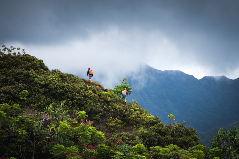 two person standing on rock mountains