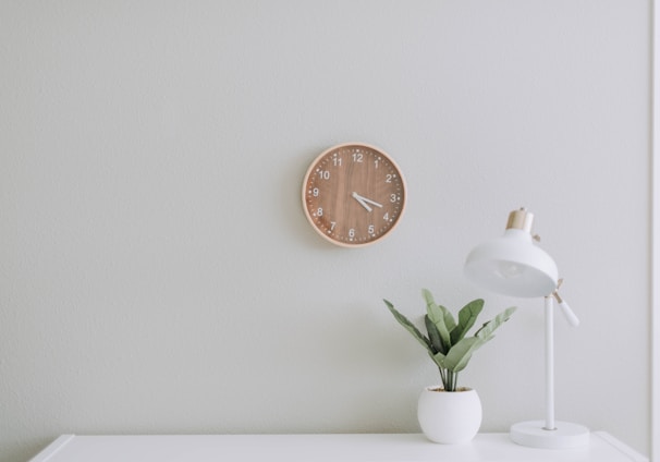 white desk lamp beside green plant