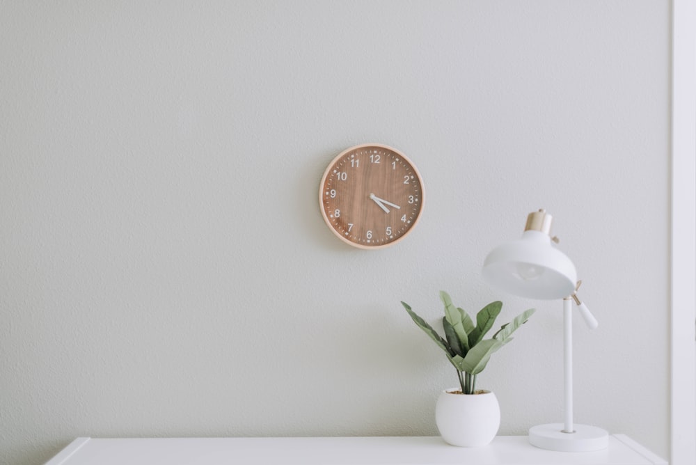 white desk lamp beside green plant