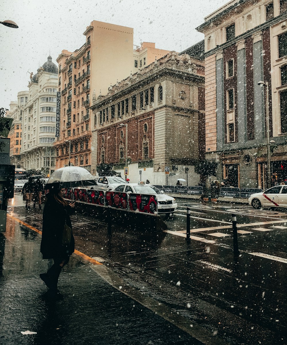 person holding umbrella standing on pavement