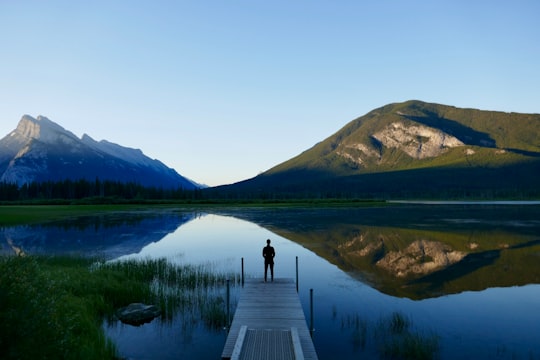 man standing on dock facing body of water and mountains during daytime in Vermilion Lakes Canada