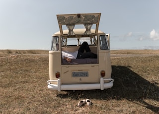 beige minivan parked in green grass field