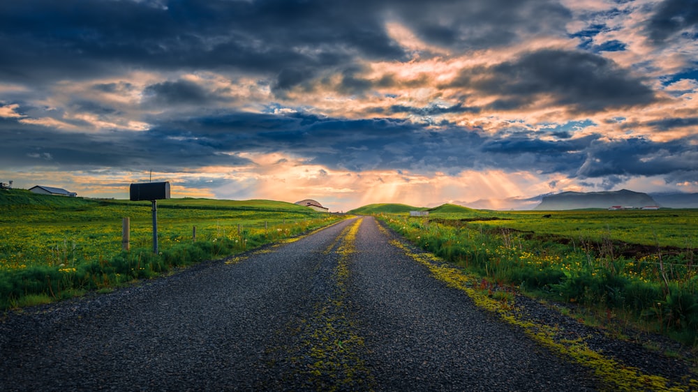 gray road between green farm