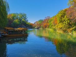 A serene lake reflecting autumn-colored trees and a small dock with a rowboat tied up
