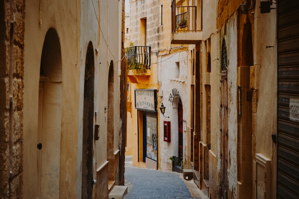 gray pathway between two building