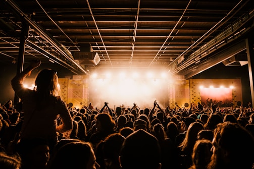 Fans dancing energetically in front of a packed indoor venue.