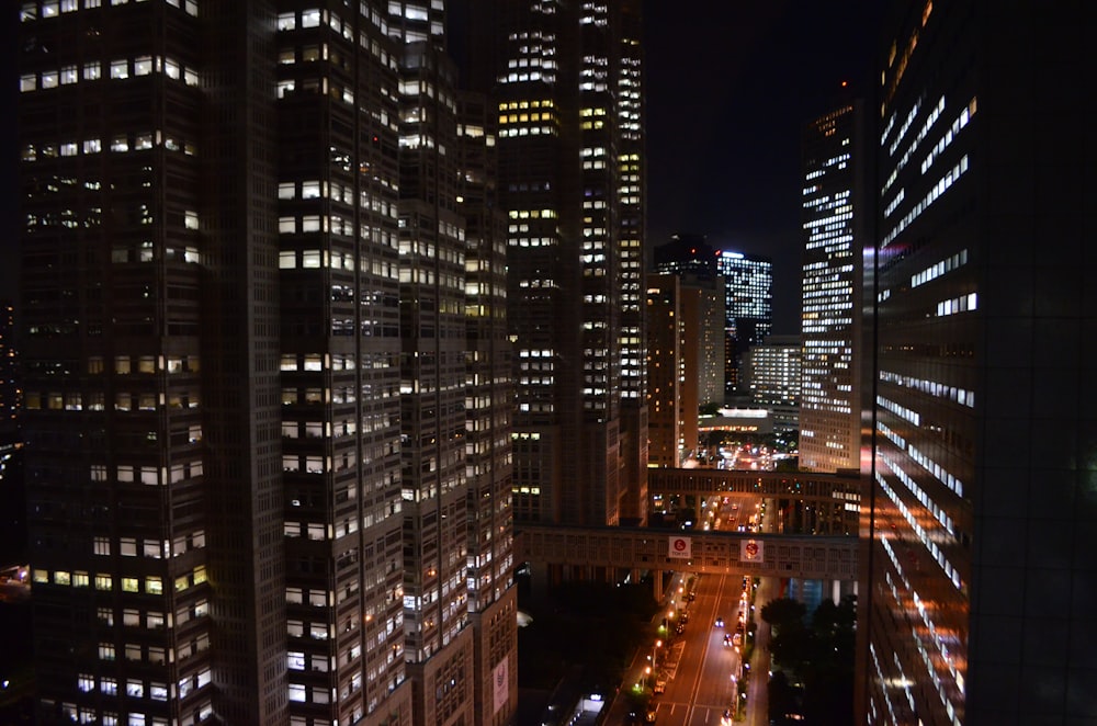 landscape of city buildings during night