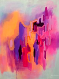 An abstract painting featuring a blend of vivid colors, including bright oranges, purples, pinks, and dark shades. The forms are amorphous and dynamic with flowing brushstrokes and overlapping layers, creating a sense of depth and movement.