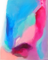 Abstract painting featuring a blend of vibrant colors including blue, pink, and purple. The colors merge seamlessly, creating a dynamic and fluid composition. The brush strokes are bold and expressive, giving a sense of movement and depth.