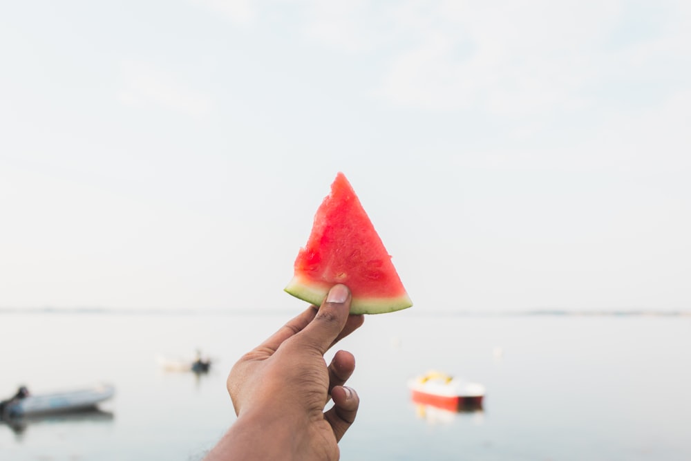 person holding sliced watermelon