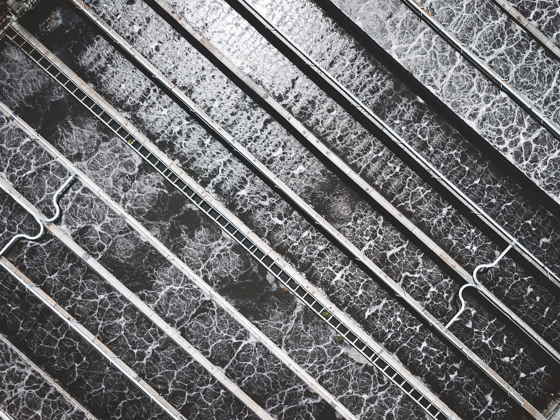 Black and white view of metal screening bars at a treatment works