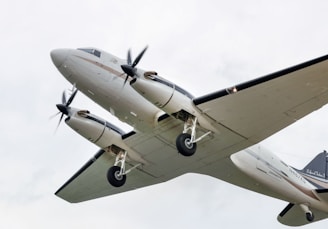 commercial plane flying under white sky