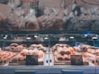 A well-lit bakery display featuring a variety of baked goods, including loaves of bread and pastries arranged in wooden trays inside a glass case. Above the display, several bags of bread are neatly lined up. The background includes a wall with a mural depicting bread and bakery themes.