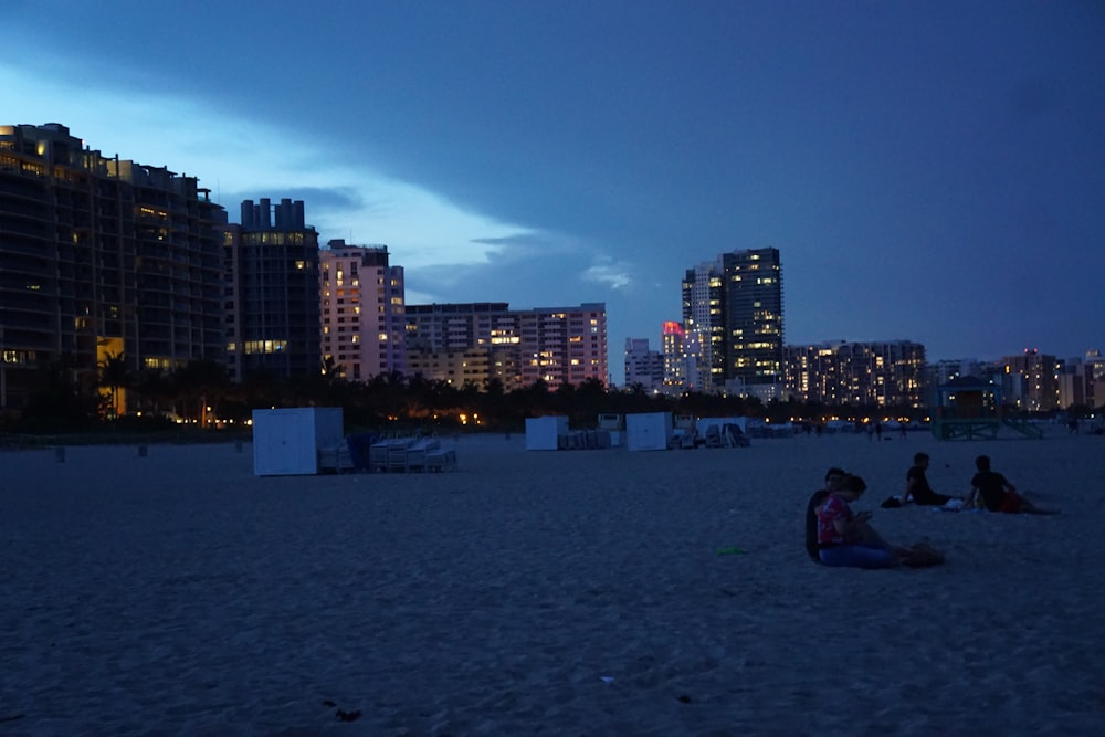 people beside cityscape during night time