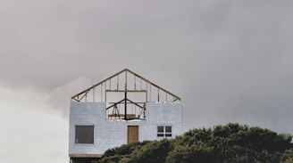 An incomplete wooden frame of a house sits atop a finished lower section with white siding. The structure is set against a overcast sky, and part of it is obscured by dense green foliage at the bottom of the image.