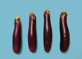 flat lay photography of four purple eggplants