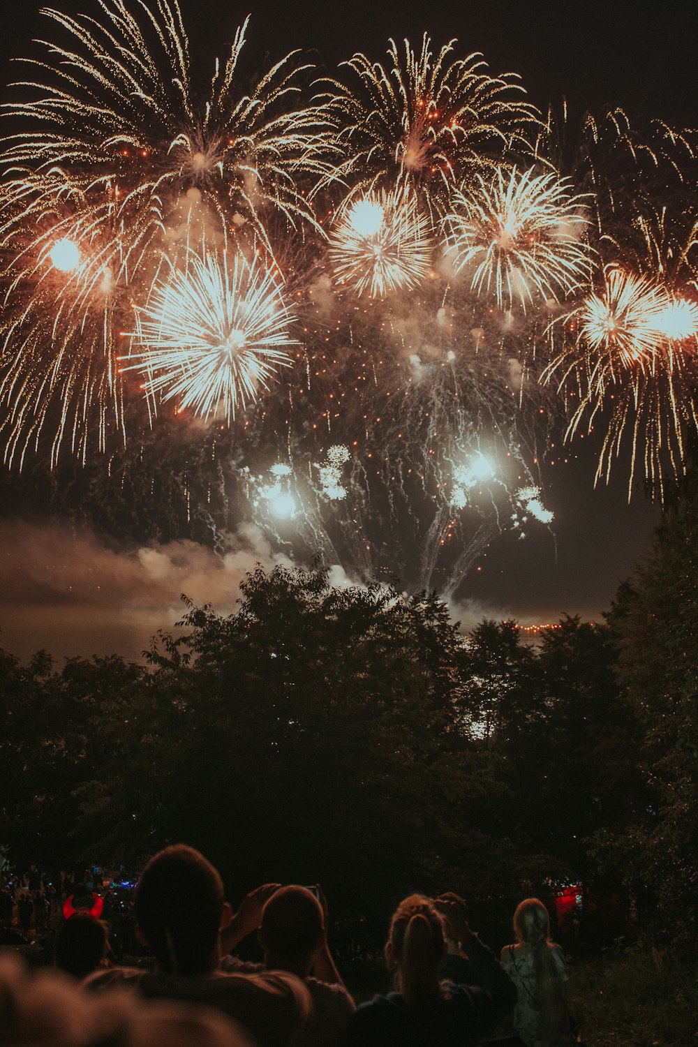 Gruppe von Menschen, die Feuerwerk beobachten