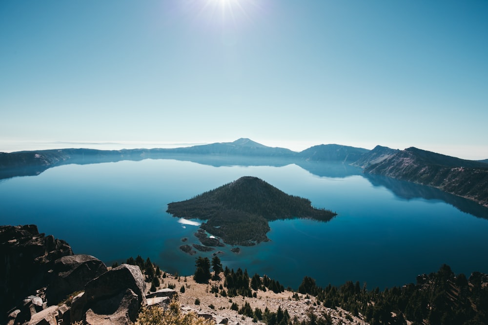 aerial view of lake with island