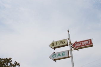 A vintage-style signpost features three directional arrows labeled 'SELF-SERV', 'DISCOUNT', and 'GAS', set against a cloudy sky. The signs are attached to a vertical pole.
