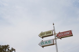 A vintage-style signpost features three directional arrows labeled 'SELF-SERV', 'DISCOUNT', and 'GAS', set against a cloudy sky. The signs are attached to a vertical pole.