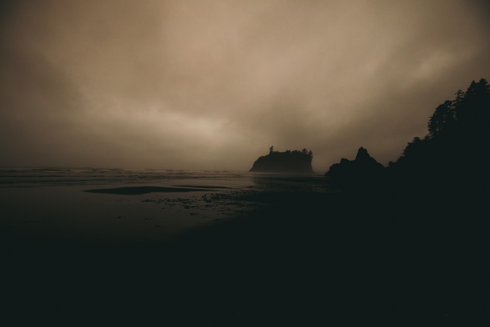 Une photo en noir et blanc d’une plage sombre