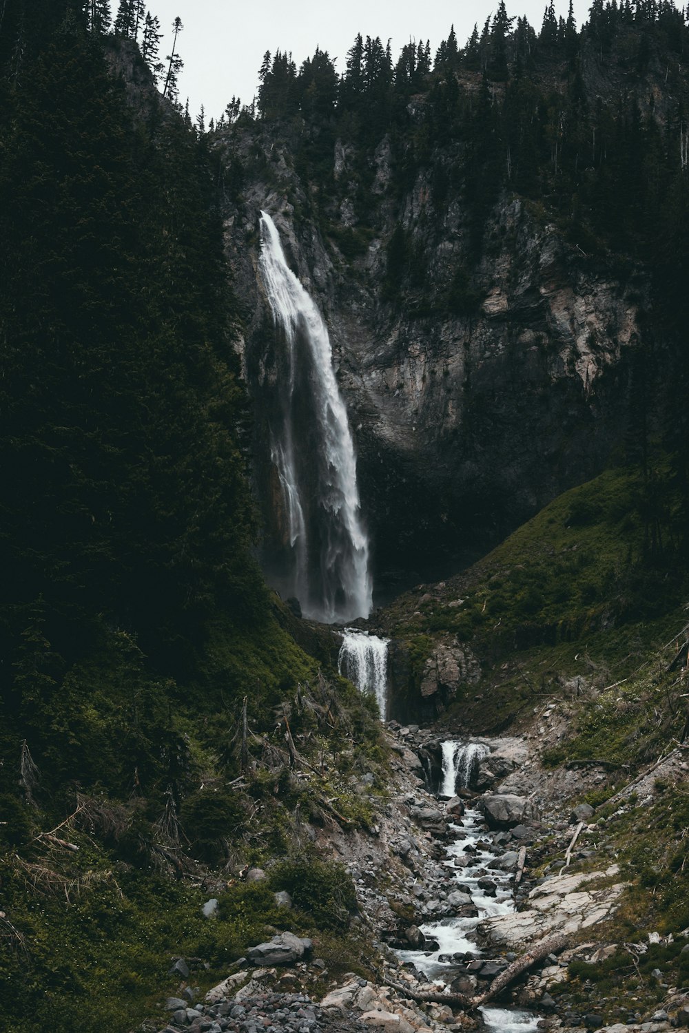 waterfall between trees at daytime