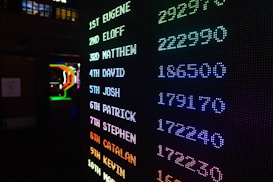 A digital leaderboard displaying names and scores in vibrant colors like green, blue, purple, and orange. The display is in a dark setting, possibly an arcade, and features a bright LED design.