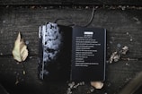 A dark, open notebook lies on a wooden surface, with poetic text written inside. Beside it are a single dry leaf and a small cluster of dried flowers, creating a contemplative mood.
