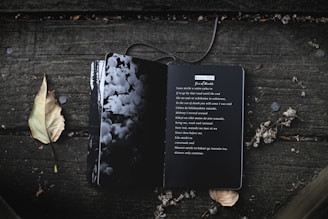 A dark, open notebook lies on a wooden surface, with poetic text written inside. Beside it are a single dry leaf and a small cluster of dried flowers, creating a contemplative mood.