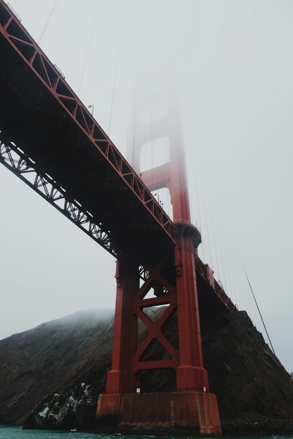 worm's-eye-view of Golden Gate Bridge covered by fog