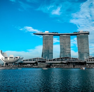 gray concrete buildings near body of water