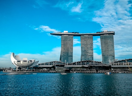 gray concrete buildings near body of water