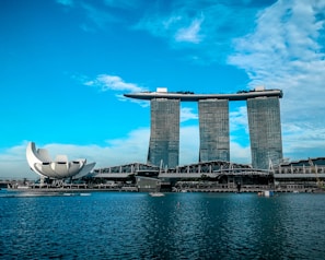 gray concrete buildings near body of water